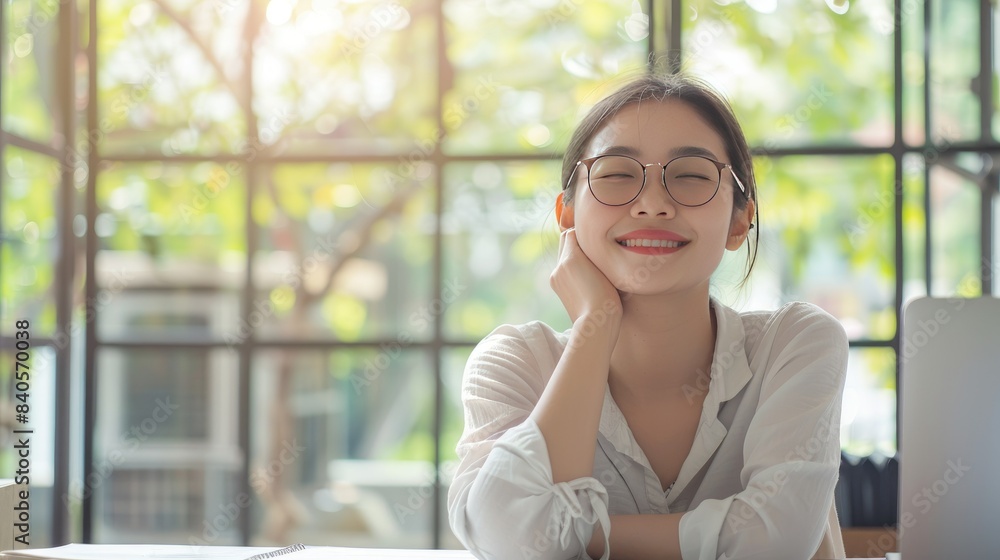 Asian worker woman relaxing from work, she is happy AI generated Asian worker woman relaxing from work, she is happy AI generated