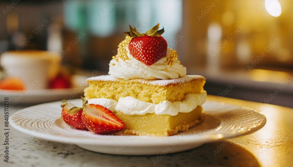 Strawberry shortcake with whipped cream dessert on a white plate; modern kitchen counter; golden color; surreal lighting Strawberry shortcake with whipped cream dessert on a white plate; modern kitchen counter; golden color; surreal lighting