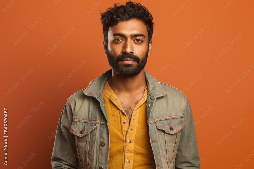 Portrait of a glad indian man in his 20s wearing a rugged jean vest while standing against soft orange background Portrait of a glad indian man in his 20s wearing a rugged jean vest while standing against soft orange background