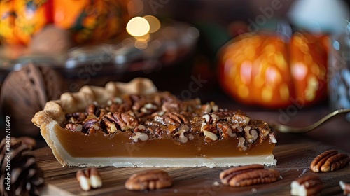 Close-up of a delicious pecan pie slice on a wooden board  surrounded by autumn decorations and warm ambient lighting.