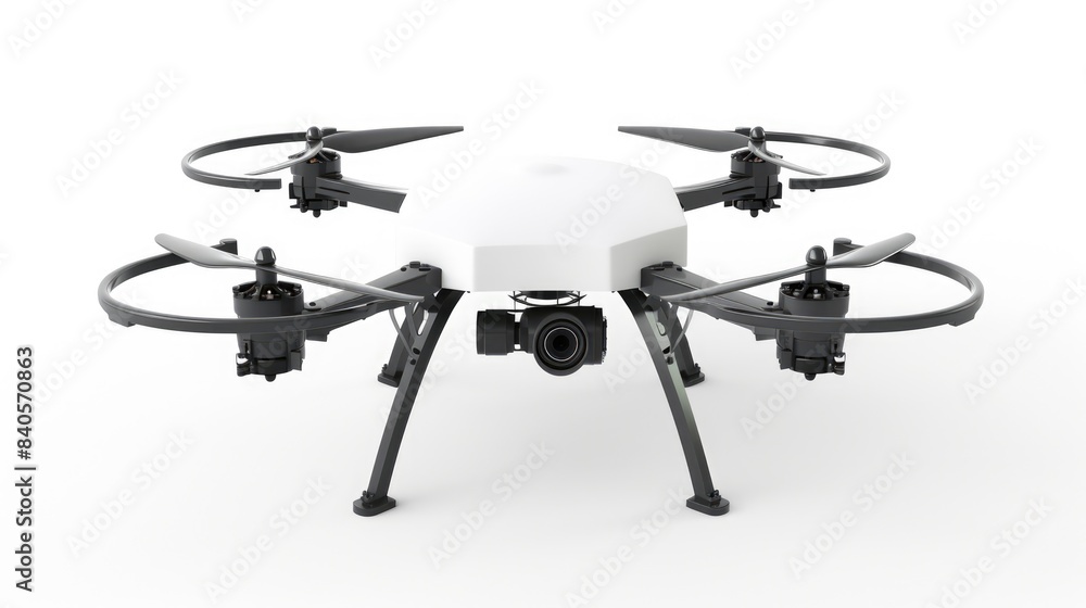 a futuristic drone with four propellers and a camera. It is white and black and has a sleek design. a futuristic drone with four propellers and a camera. It is white and black and has a sleek design.