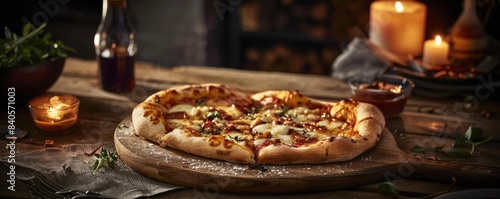 Cozy rustic setting with a freshly baked pizza on a wooden board, surrounded by candles and herbs. Warm, inviting, perfect for food-themed visuals.