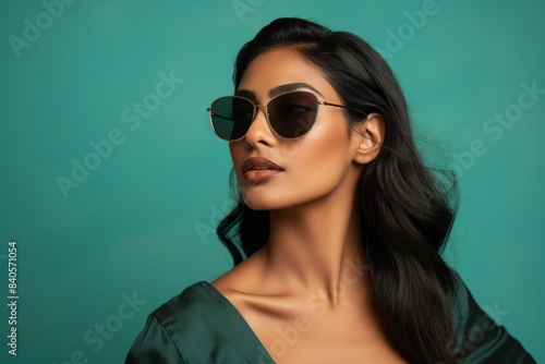 Wallpaper Mural Portrait of a blissful indian woman in her 30s wearing a trendy sunglasses over soft teal background Torontodigital.ca