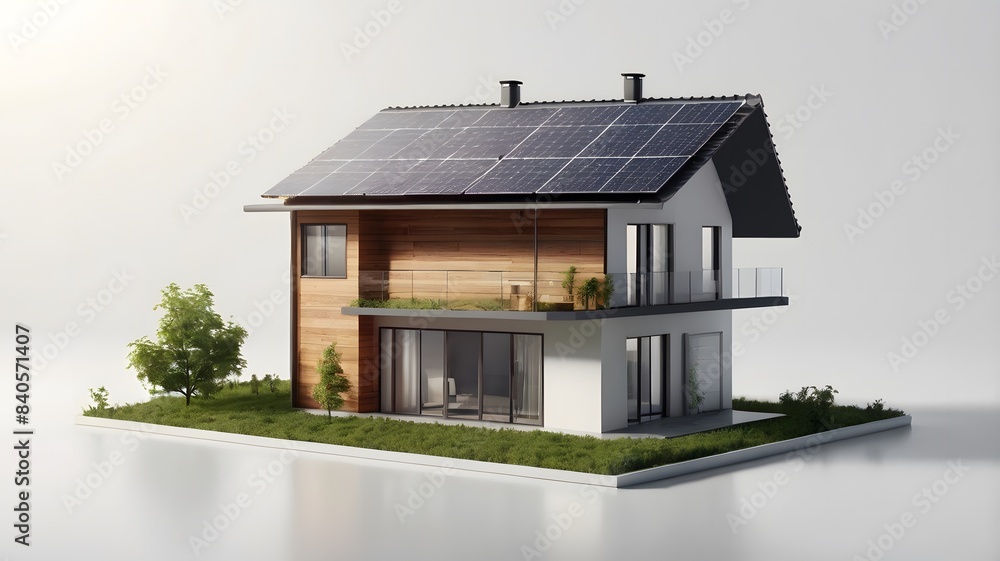 Miniature Two-Story House with Solar Panel on White Background Miniature Two-Story House with Solar Panel on White Background