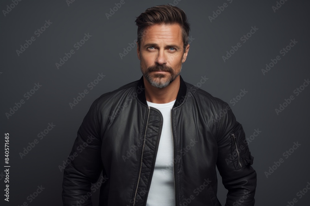 Portrait of a content man in his 40s wearing a trendy bomber jacket on soft gray background Portrait of a content man in his 40s wearing a trendy bomber jacket on soft gray background