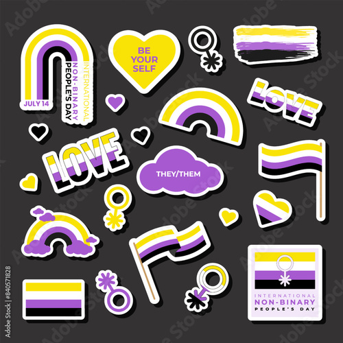 Sticker set with Non-Binary pride flag, gender identity symbol in yellow and purple colours. Vector illustration