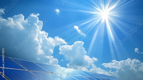 Solar energy panel with clear sky and sunlight shining through