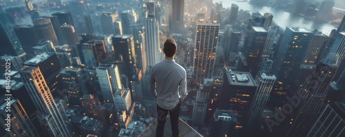 A man stands on a high vantage point, overlooking a sprawling urban cityscape at dusk, symbolizing ambition, perspective, and the vast possibilities of urban life.