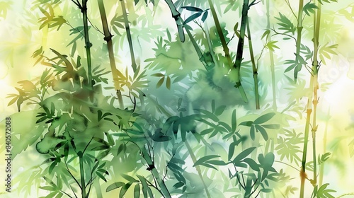 Tranquil watercolor scene of a bamboo forest  with light filtering through the leaves