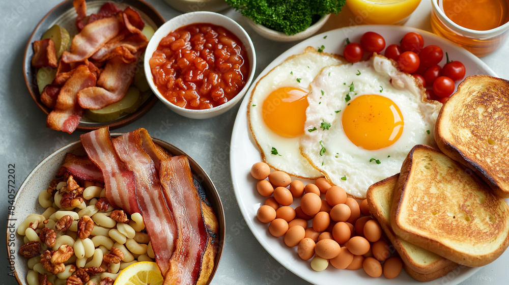 Full American Breakfast on white, top view, copy space. Sunny side fried eggs, roasted bacon, hash brown, pancakes, toasts, orange juice and coffee for breakfast. Full American Breakfast on white, top view, copy space. Sunny side fried eggs, roasted bacon, hash brown, pancakes, toasts, orange juice and coffee for breakfast.