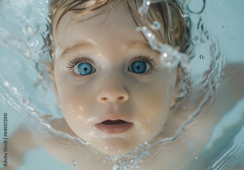 Baby underwater in the pool, with big blue eyes, swimming and playing with water and splashes