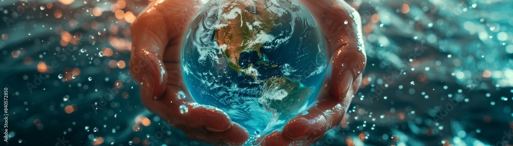 Fototapeta premium Hands holding a miniature Earth surrounded by water, symbolizing global care and environmental protection amidst sparkling underwater background.