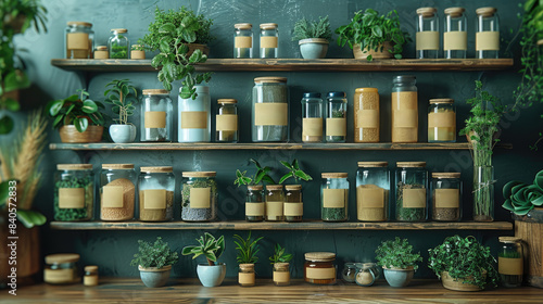 The image shows wooden shelves filled with various spices and herbs in glass jars.