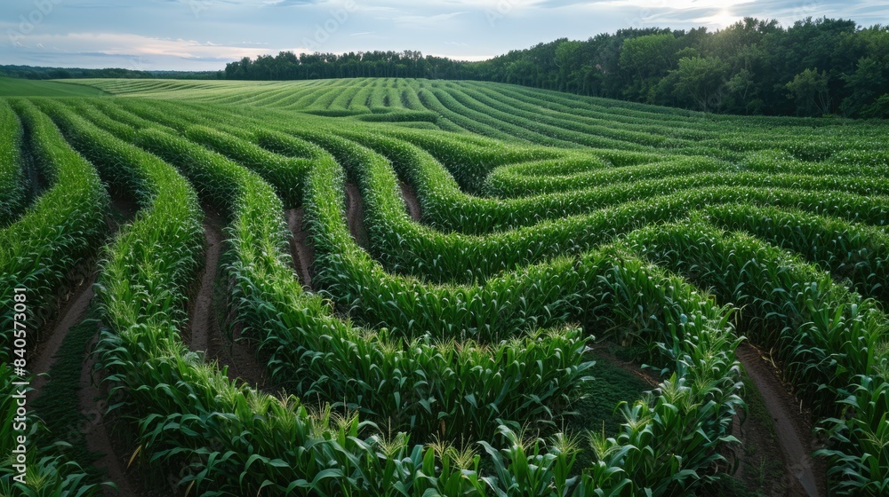 An aerial view of a corn field with curved rows. An aerial view of a corn field with curved rows.