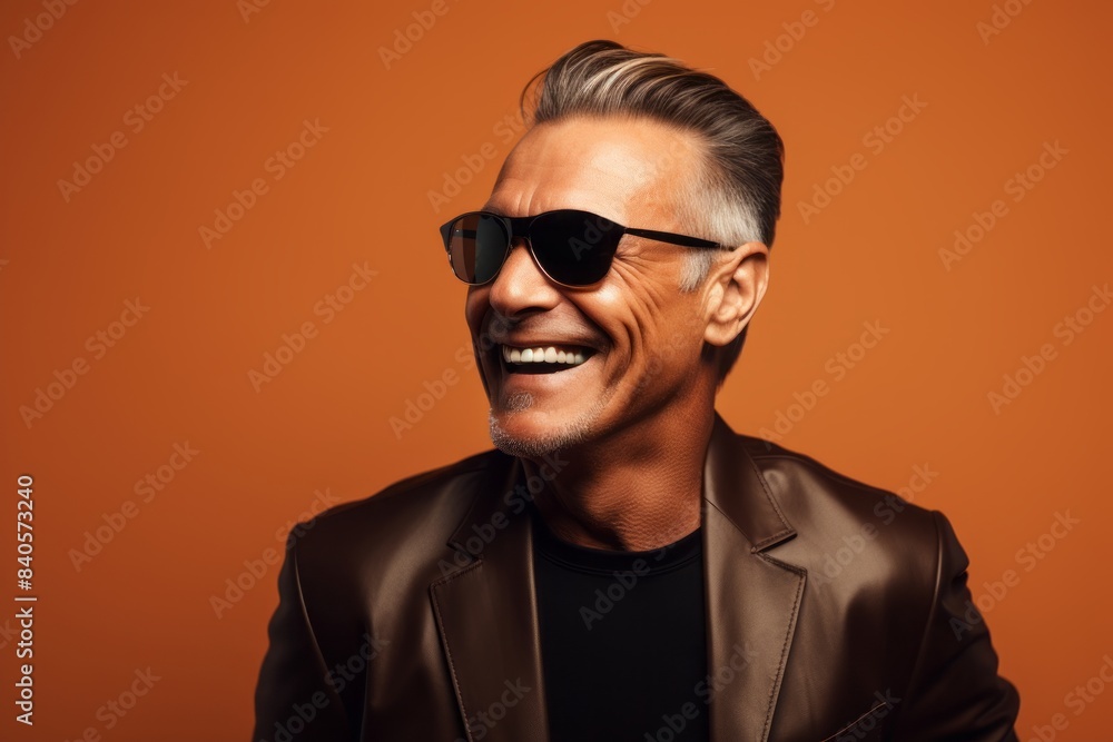 Fototapeta premium Portrait of a grinning man in his 50s wearing a trendy sunglasses in front of soft brown background