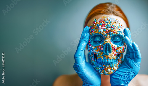 Female face, mask, skull in various tablets. She supports the mask on her face with her hands. Concept as fear of illness and anxiety due to psychological undiagnosed illness or preoccupation