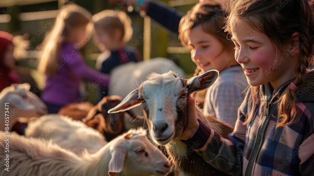 Children smiling while interacting with friendly goats and sheep on a sunny day at a farm Children smiling while interacting with friendly goats and sheep on a sunny day at a farm