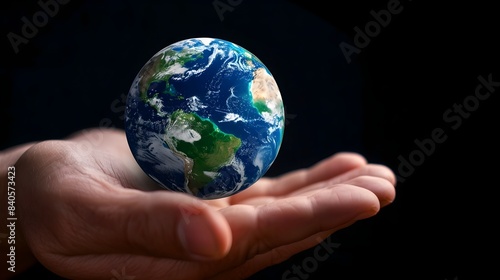 Miniature Earth Cradled in Human Hand - Concept of Global Responsibility and Sustainability