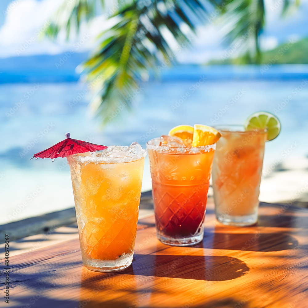 Glasses with cool drinks on a wooden table against the background of a beach landscape. Yellow and red shades of cocktails with ice and pieces of fruit creates an atmosphere of a tropical vacation. Glasses with cool drinks on a wooden table against the background of a beach landscape. Yellow and red shades of cocktails with ice and pieces of fruit creates an atmosphere of a tropical vacation.