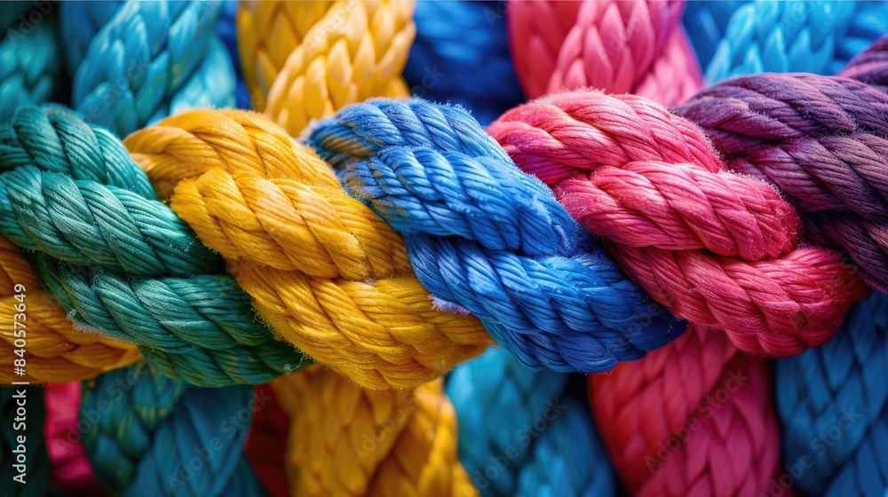 a close-up of colorful ropes. The ropes are blue, yellow, pink, and purple. They are twisted together in a random pattern.