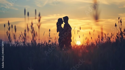 romantic silhouette of couple in love embracing at sunset outdoor portrait