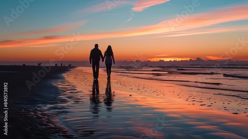 romantic sunset beach stroll silhouetted couple walking handinhand along tranquil shoreline idyllic valentines day seascape
