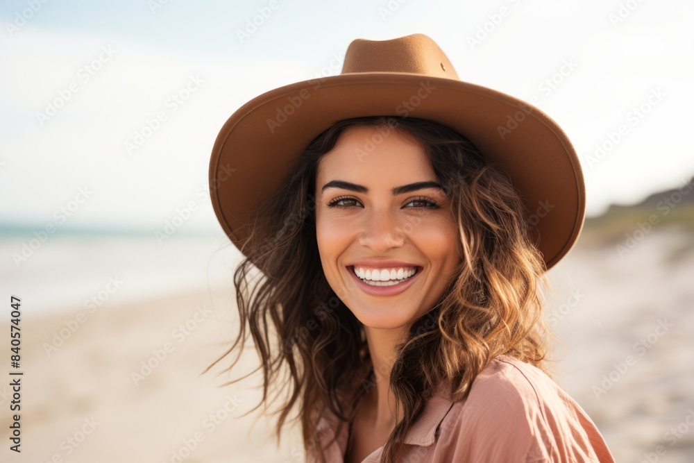 Portrait of a smiling woman in her 30s wearing a rugged cowboy hat isolated in sandy beach background