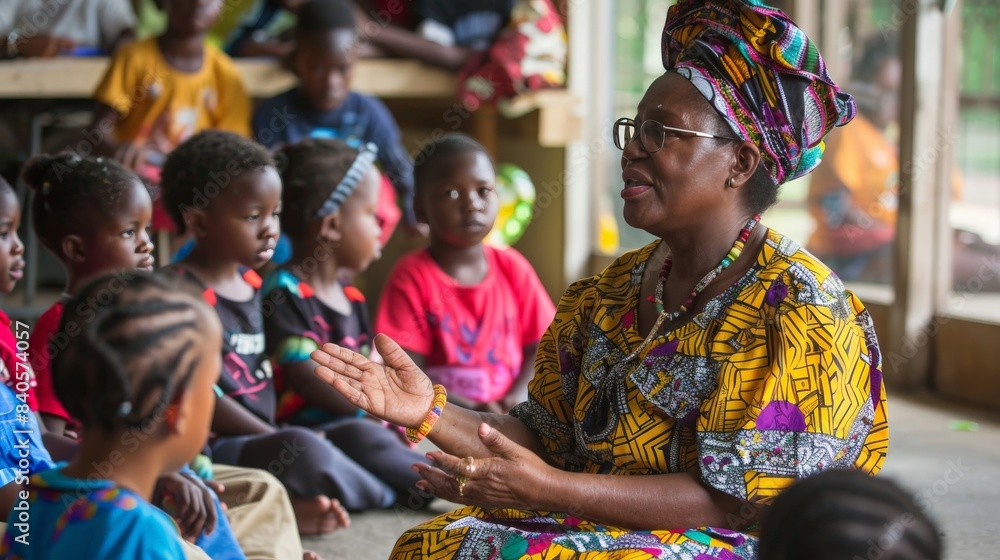 A woman wearing traditional African attire, teaching a group of children about her heritage