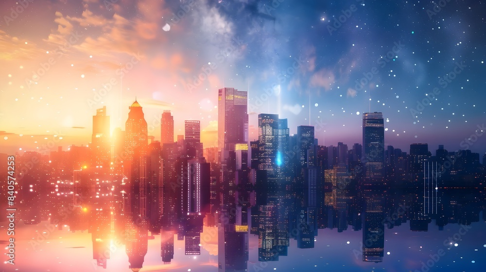 Glimmering Cityscape Transition from Day to Night with Towering Skyscrapers and Starry Sky Glimmering Cityscape Transition from Day to Night with Towering Skyscrapers and Starry Sky
