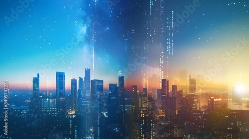 Glowing Cityscape Transitioning from Sunset to Starry Night Sky