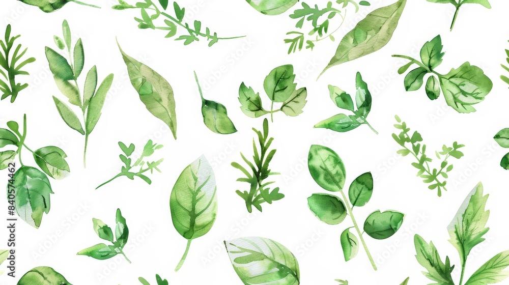 Tiny watercolor herbs like basil and parsley in a kitchen-themed pattern Tiny watercolor herbs like basil and parsley in a kitchen-themed pattern