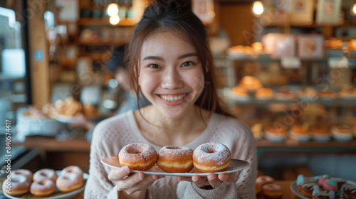 A portrait of an adorable Asian woman in a dessert shop is smiling with joy while showing some delicious desserts named donuts that re placed on a plate on her both hands.