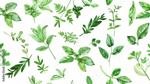 Tiny watercolor herbs like basil and parsley in a kitchen-themed pattern