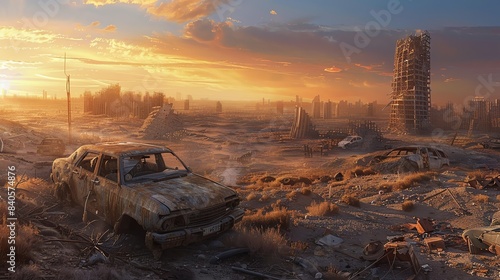 Explore the bleakness of a post-apocalyptic wasteland using impressionism techniques and dramatic camera angles Infuse the scene with a sense of desolation and uncertainty photo
