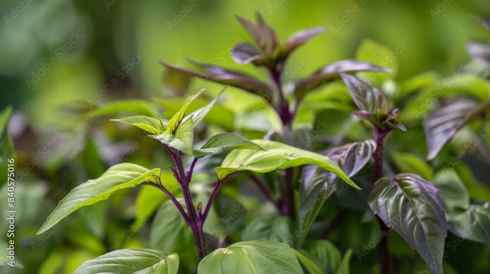 Thai sweet basil leaves with a focus on their distinctive purple stems Thai sweet basil leaves with a focus on their distinctive purple stems