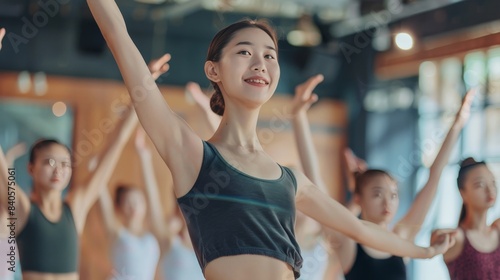 A young Asian ballet dancer practicing in a studio with a diverse group of classmates