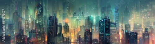 Illustrate a futuristic cityscape with towering skyscrapers fused with intricate nanotechnology, hinting at hidden stories waiting to be uncovered in an urban metropolis photo