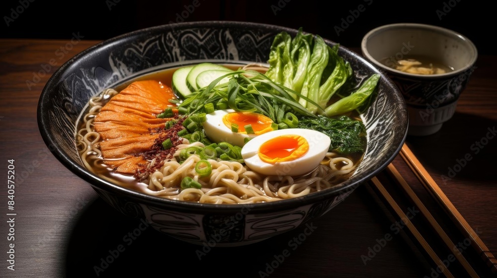 A bowl of ramen with vegetables and a boiled egg A bowl of ramen with vegetables and a boiled egg
