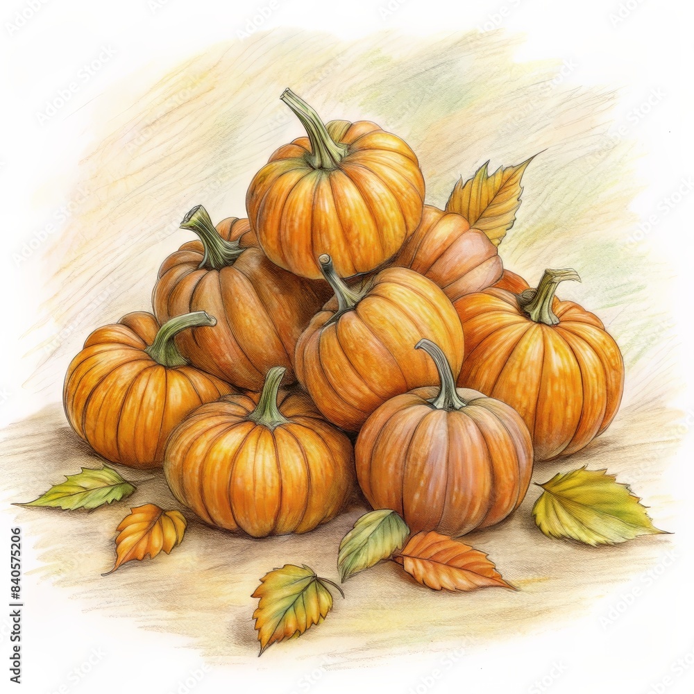 Artistic drawing of a pile of pumpkins with autumn leaves. Artistic drawing of a pile of pumpkins with autumn leaves.