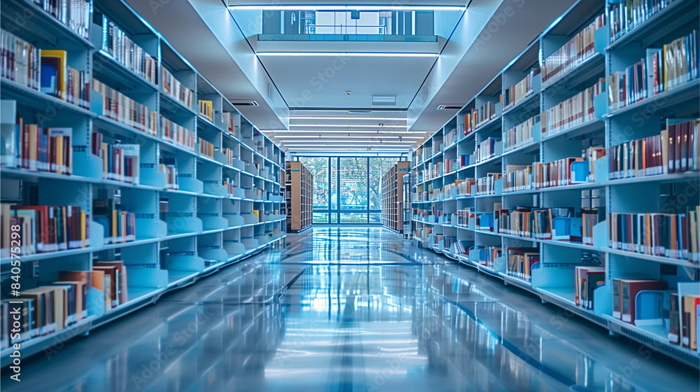 Obraz premium Modern university library with rows of books