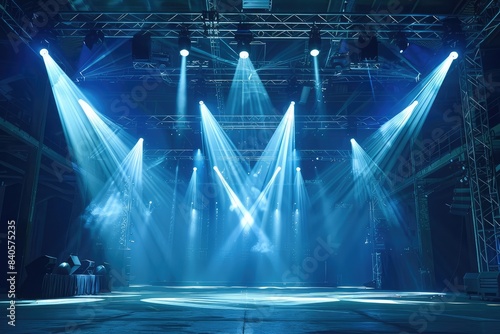 A Live stage production overhead trusses and lighting in a live venue. Stage rigging equipment