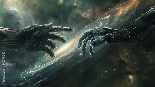 Illustrate a sleek, futuristic cyborg hand emerging from a swirling galaxy, captured from a dynamic sideways perspective photo