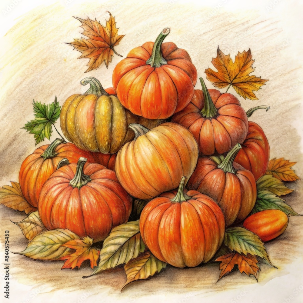 Artistic drawing of a pile of pumpkins with autumn leaves. Artistic drawing of a pile of pumpkins with autumn leaves.