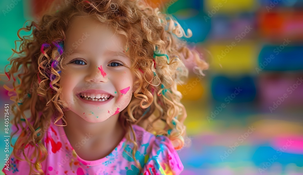 Girl child smiling, with curly hair and wearing colorful at the kindergarten. Girl child smiling, with curly hair and wearing colorful at the kindergarten.