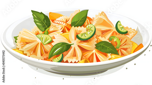 piatto di farfalle condite con zucchine e gamberi, pasta italiana, cibo europeo isolated on white background, png photo