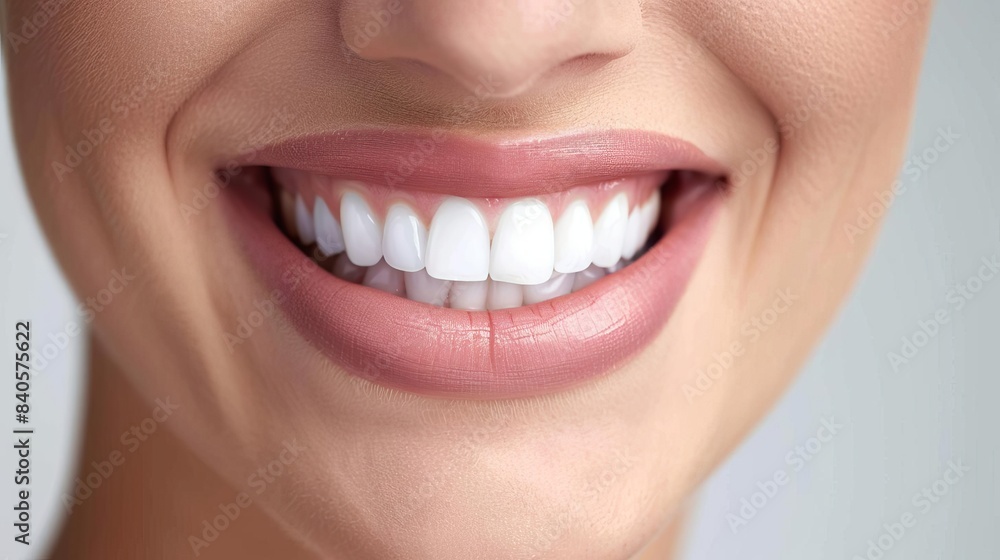 Obraz premium A closeup of a womans smiling mouth with bright teeth,