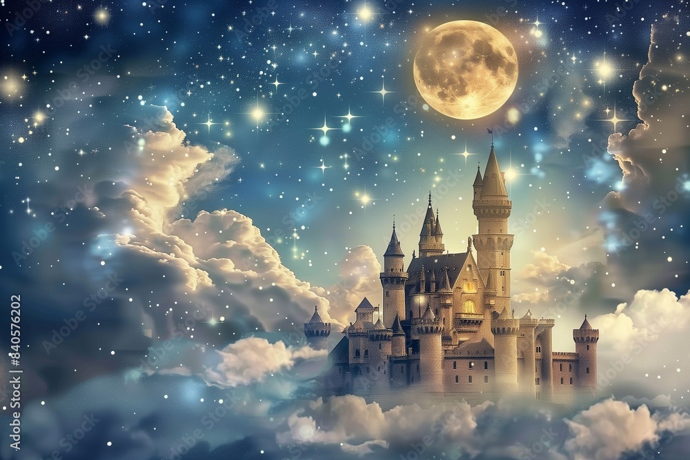 Naklejka premium A fairy-tale castle on a cloud, a flying cloud of stars and clouds