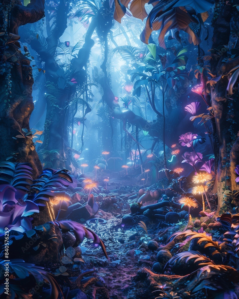 A magical scene of an ancient, enchanted forest with glowing plants and mystical creatures A magical scene of an ancient, enchanted forest with glowing plants and mystical creatures