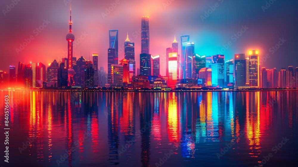Fototapeta premium Futuristic cityscape with neon lights: Design a vibrant futuristic cityscape illuminated by neon lights.