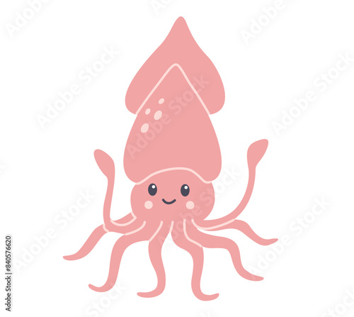 Flat vector illustration in children's style. Cute squid with smiling face on white background